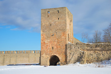 Nabatnaya Tower closeup, cloudy march day. Ivangorod fortress, Russia