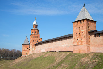 View of the towers of the Kremlin in Veliky Novgorod, sunny april day. Russia