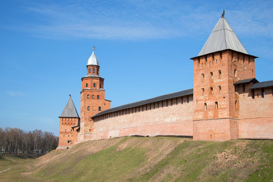 View of the towers of the Kremlin in Veliky Novgorod, sunny april day. Russia