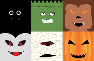 Halloween monsters' face illustrated in square photo; Bat, Dracula, Frankenstein, Mummy, Wolfman, Pumpkin.