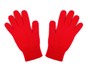 Pair of red woolen gloves isolated on white