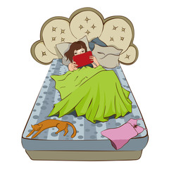 Girl with tablet computer on the bed.