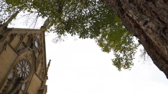 Tracking Shot of Loretto Chapel Exterior in Santa Fe, New Mexico -Pan Left-