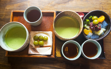 Japanese Green Tea and Dango dessert in Uji city,South of Kyoto Japan