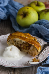 Freshly baked apple strudel with ice cream