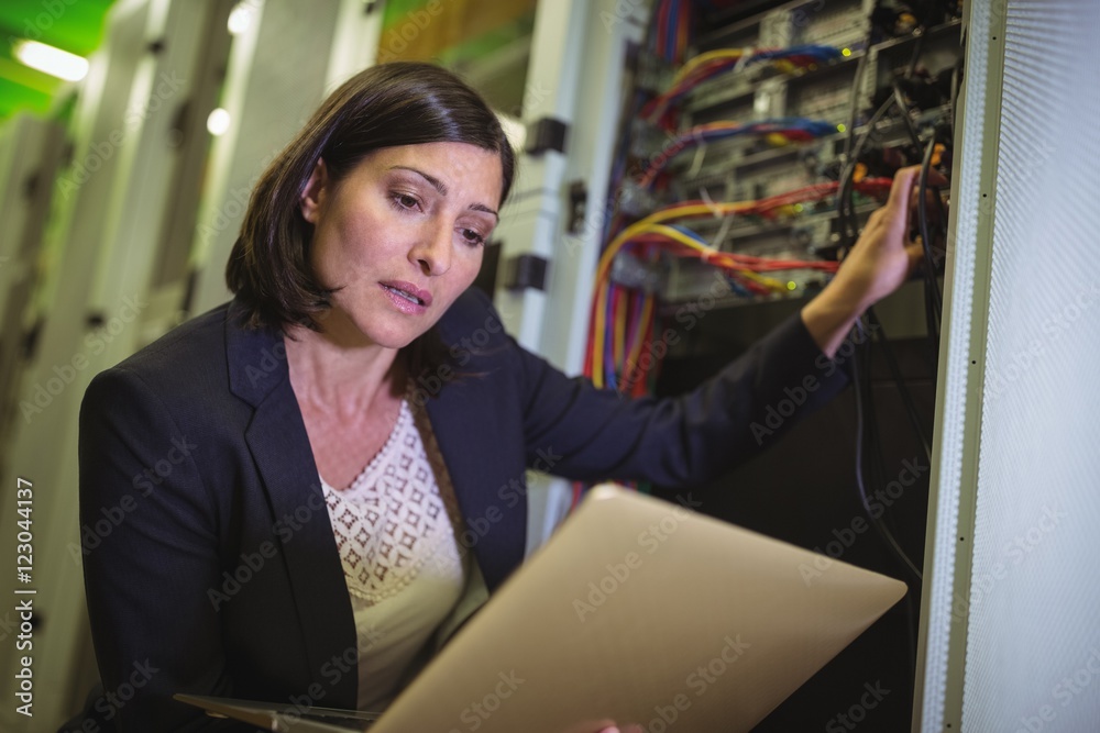 Poster Technician using laptop while analyzing server