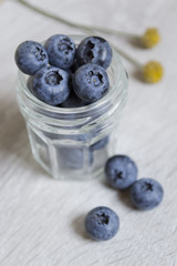 Fresh blueberries in a glass jar. Ripe blueberries .Jam and marmalade.