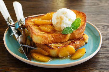 French toast with caramel apples for breakfast.