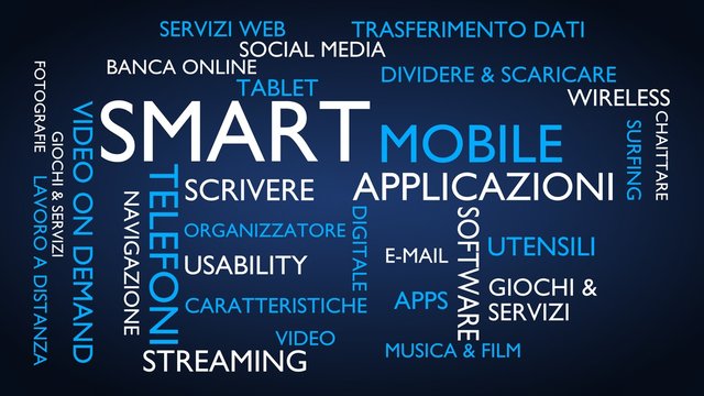 Smart, mobile, applications word tag cloud, blue, Italian variant