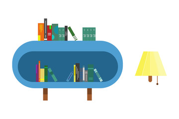 book shelf with books and wall lamp