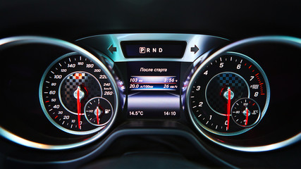 Modern car speedometer. Close up shot of the dashboard