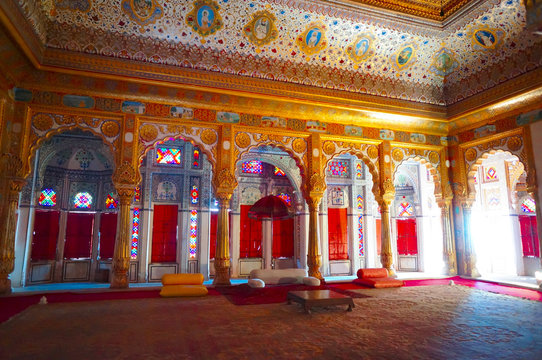 JODHPUR, INDIA -  Interior mughal architectural details of Mehrangarh Fort,  dating from the period of Jaswant Singh.(Phool Mahal)