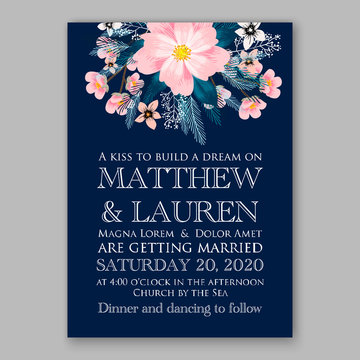 Wedding invitation template with watercolor winter flower christmas wreath fir, pine branch