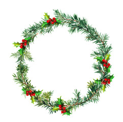 Fototapeta na wymiar New year wreath - fir tree and mistletoe. Watercolor 