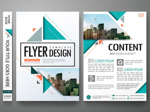 Flyers design template vector.Brochure report business magazine poster.Abstract green cover book portfolio presentation.Flat orange triangle on poster design layout.City design on A4 brochure layout.
