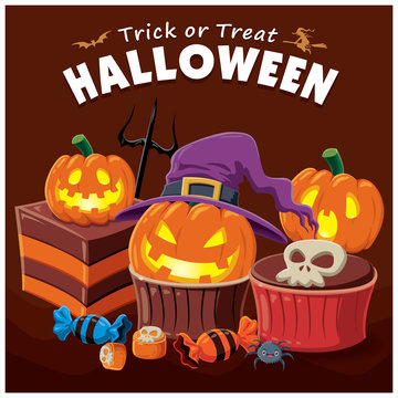 Vintage Halloween cupcake poster design with vector cupcake character.