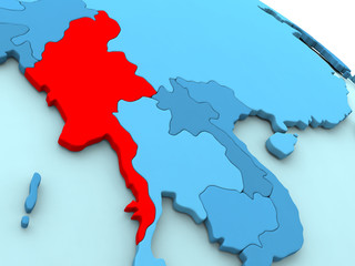 Myanmar in red on blue globe
