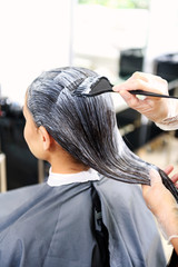 Naklejka premium head of woman in barbershop