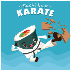 Vintage sport poster design with vector sushi karate kick character.