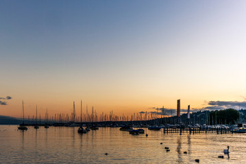 Quiet Geneva marina at sunrise