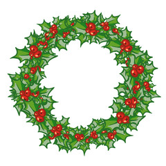 Holly Wreath, round frame. hand drawn background, design element for Christmas and New Year greeting card or banner. Holly with berry, isolated on white