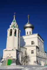 White Orthodox Church against the sky in wintertime, Russia