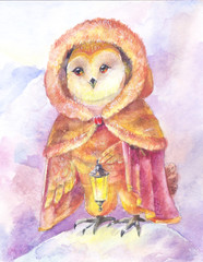 Fototapeta premium Owl with a lamp. Watercolor painting. Illustration with a magic