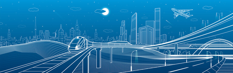 Car overpass, city infrastructure, urban plot, plane takes off, train move on the bridge, transport illustration, white lines on blue background, vector design art © panimoni
