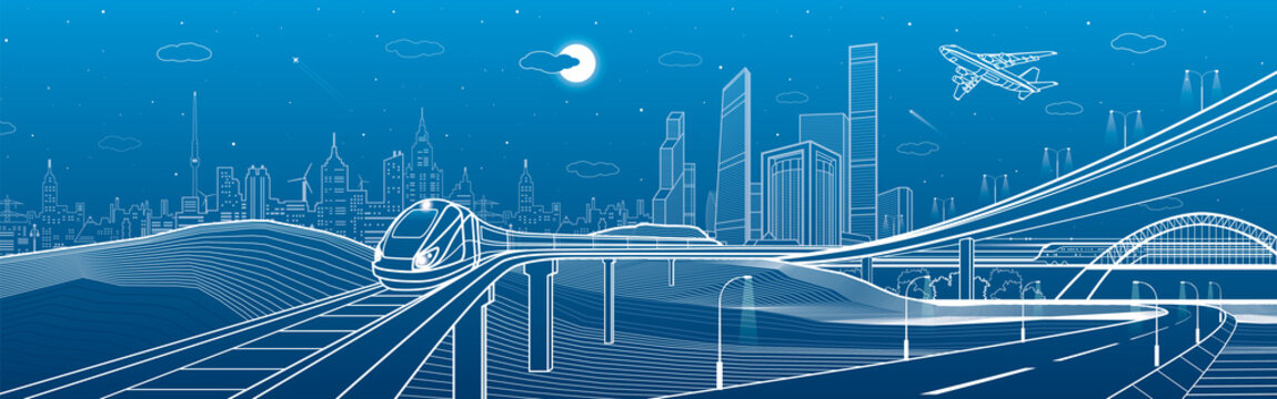 Car overpass, city infrastructure, urban plot, plane takes off, train move on the bridge, transport illustration, white lines on blue background, vector design art