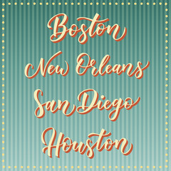 American city vector lettering. Typography, USA - Boston, New Orleans, San Diego, Houston on retro striped blue background. USA city text.
