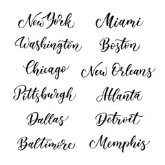 American city vector lettering. Typography, USA - New York, Miami, Boston, Dallas, Washington, Atlanta, Chicago, Detroit, New Orleans, Pittsburgh, Memphis, Baltimore on white background