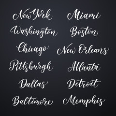 American city vector lettering. Typography, USA - New York, Miami, Boston, Dallas, Washington, Atlanta, Chicago, Detroit, New Orleans, Pittsburgh, Memphis, Baltimore on black background
