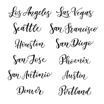 American city vector lettering. Typography, USA - Los Angeles, Las Vegas, Seattle, San Francisco, Houston, San Diego, San Jose, Phoenix, San Antonio, Austin, Denver, Portland on white background