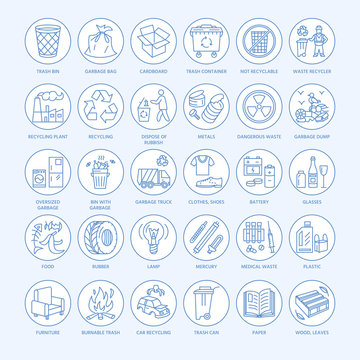 Modern vector line icon of waste sorting, recycling. Garbage collection. Waste types - paper, glass, plastic, metal. Linear pictogram with editable stroke for brochure of waste management