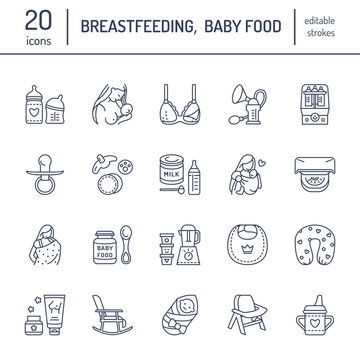 Modern vector line icon of breast feeding, baby infant food. Nursery elements - breast pump, woman, child, powdered milk, bottle sterilizer, baby. Linear pictogram editable stroke for site, brochure