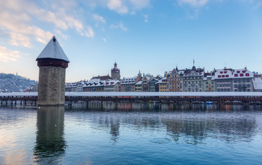Chapel Bridge covered with snow in winter, Lucerne, Switzerland
