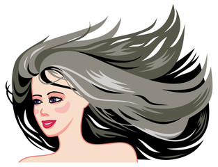 Smiling girl face with long black hair.