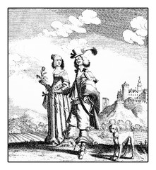 Portrait of German couple fashionable dressed,  XVII century