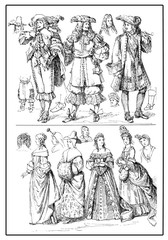 Fototapeta na wymiar Ladies and gentlemen wear costumes XVII century