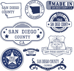 San Diego county, CA. Set of stamps and signs