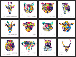 Calendar 2017 year simple animal style