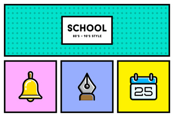 Fototapeta premium Vector 80's or 90's Stylish School Education Icon Set with Retro