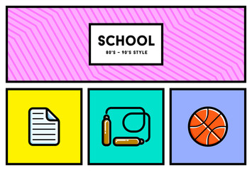 Vector 80's or 90's Stylish School Education Icon Set with Retro