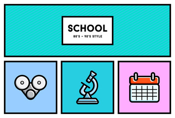 Vector 80's or 90's Stylish School Education Icon Set with Retro