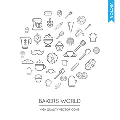 Vector Set of Bakery Modern Flat Thin Icons Inscribed in Round S