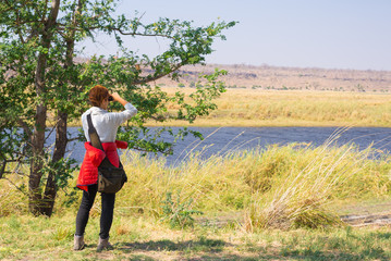 Tourist watching wildlife by binocular on Chobe River, Namibia Botswana border, Africa. Chobe...