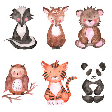 Woodland Animals Set of Watercolor Illustrations Hand-painted forest Cute baby 