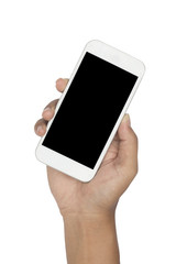 Hand with smartphone on white background