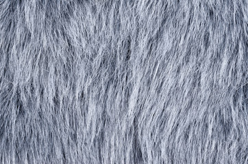 Gray fake fur horizontal. Wolf similar faux fur made of synthetic fibers, designed to resemble fur. Fun fur imitation with long hairs. Macro fabric photography.