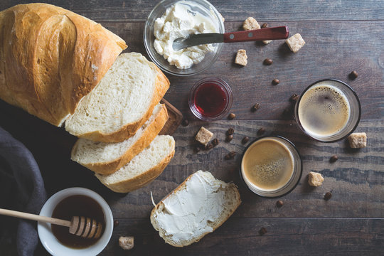 Breakfast, coffee, bread with ricotta
